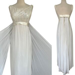 Epic 1960s / 1970s Disco Era Iridescent Sequin Bow Back Cape Train Bridal Gown